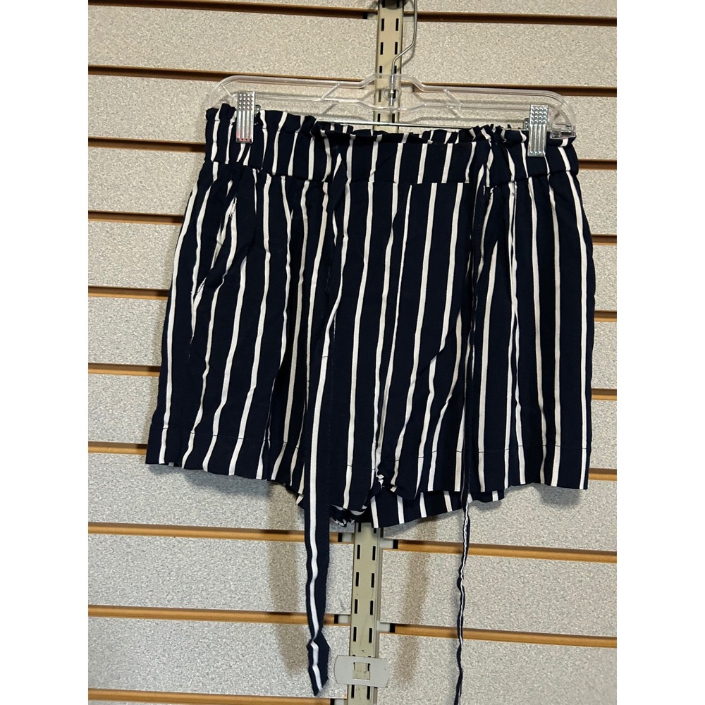 Ambiance Apparel Navy White Striped Paperbag Waist Shorts Large High Rise Tie